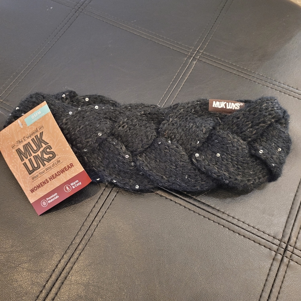 Muk Luks Women's Black Sequined Braided Knit Winter Headband OSFM New NWT sz OS